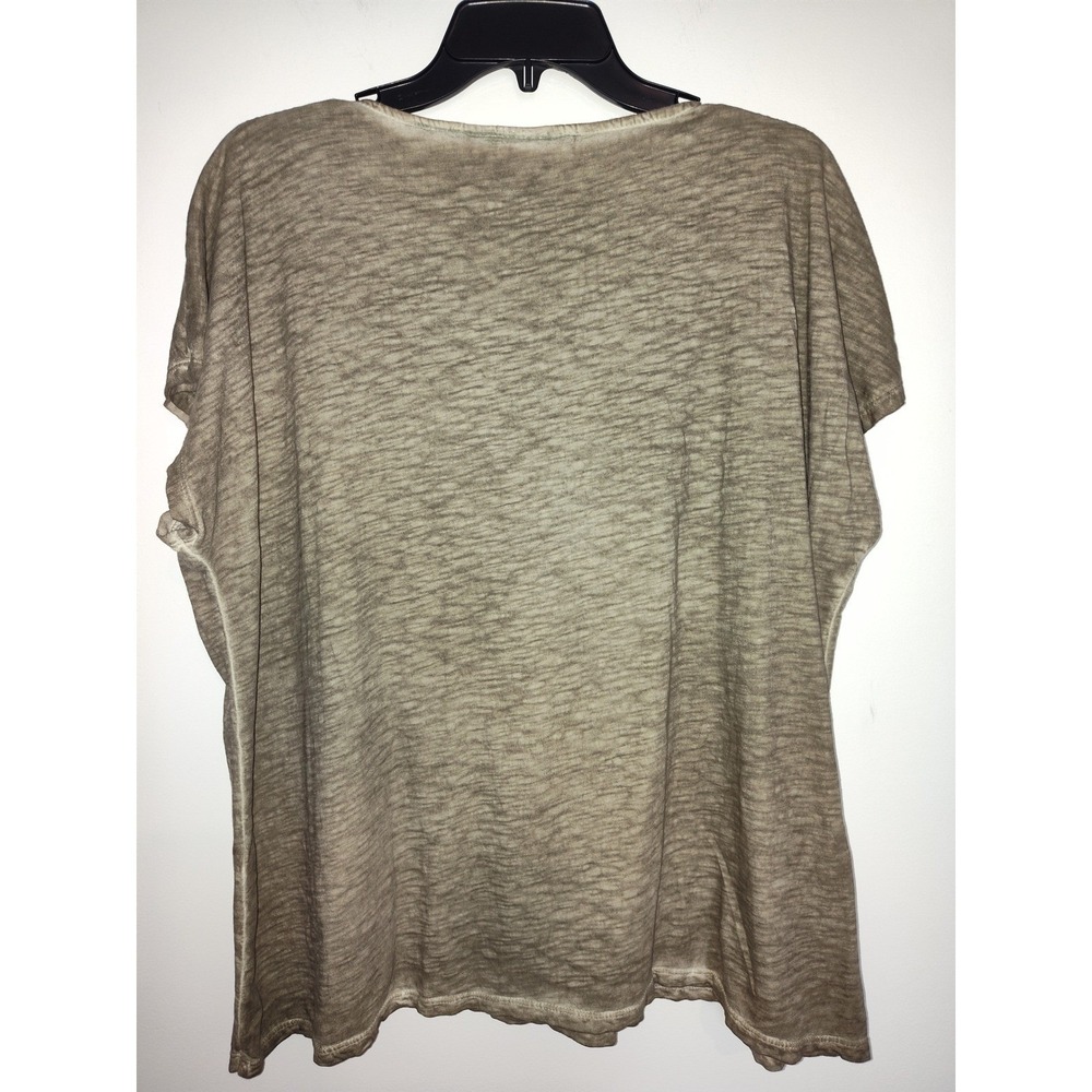 Chicos Size 3 Large XL Taupe Olive Burnout Tassel Tie Neck ShorSleeve Top Cotton - Picture 2 of 5